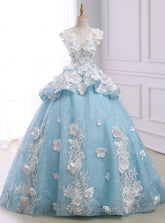 Blue Ball Gown Cap Sleeve Organza Flower Backless Wedding Dress